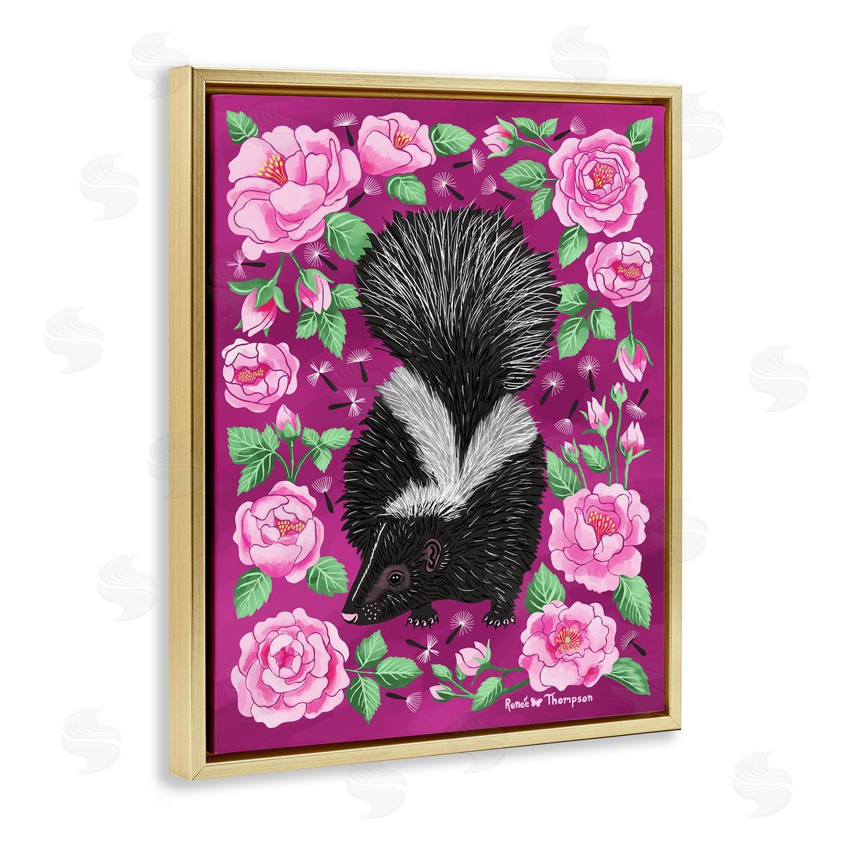Renee Thompson Skunk & Rose Blossoms Gold Floating Frame Canvas Wall Art Print