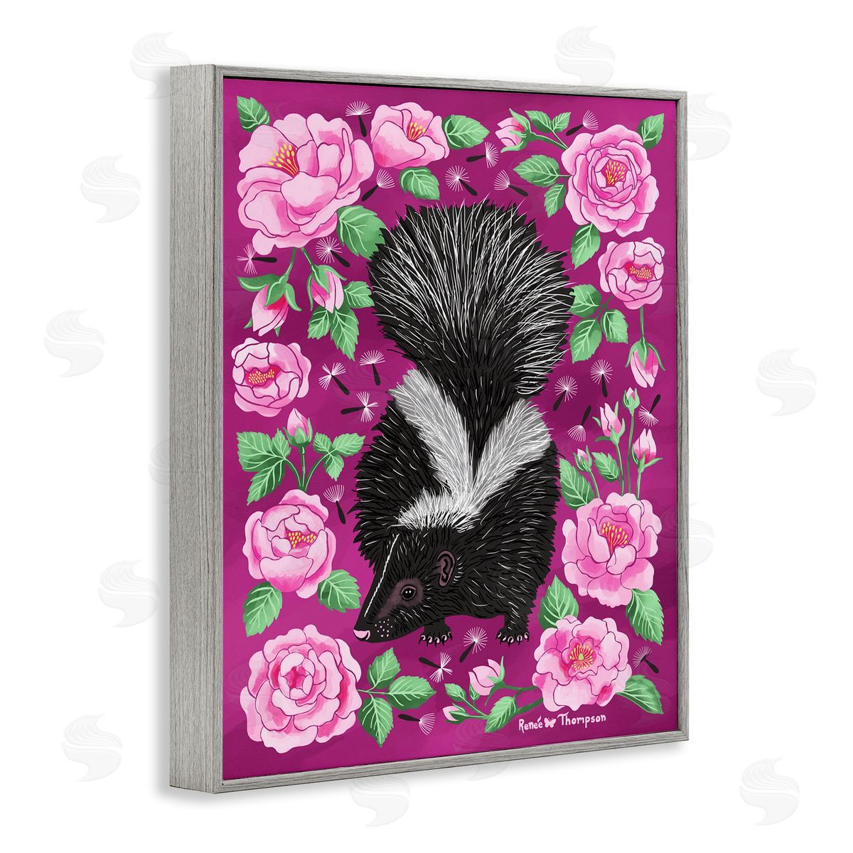 Renee Thompson Skunk & Rose Blossoms Gray Framed Giclee Wall Art Print