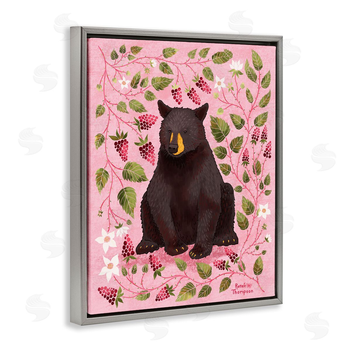 Renee Thompson Bear & Blackberry Plants Gray Floating Frame Canvas Wall Art Print
