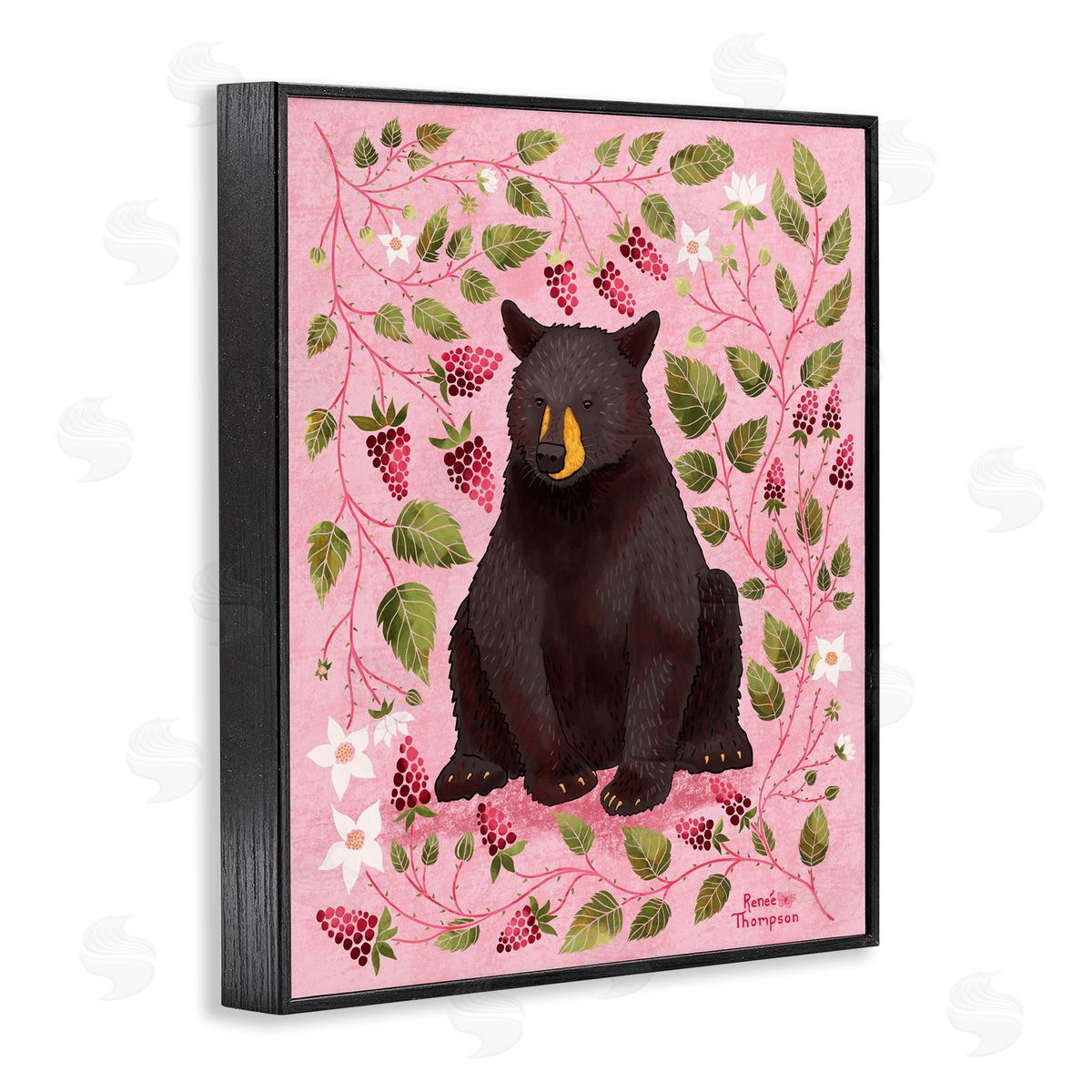Renee Thompson Bear & Blackberry Plants Black Framed Giclee Wall Art Print
