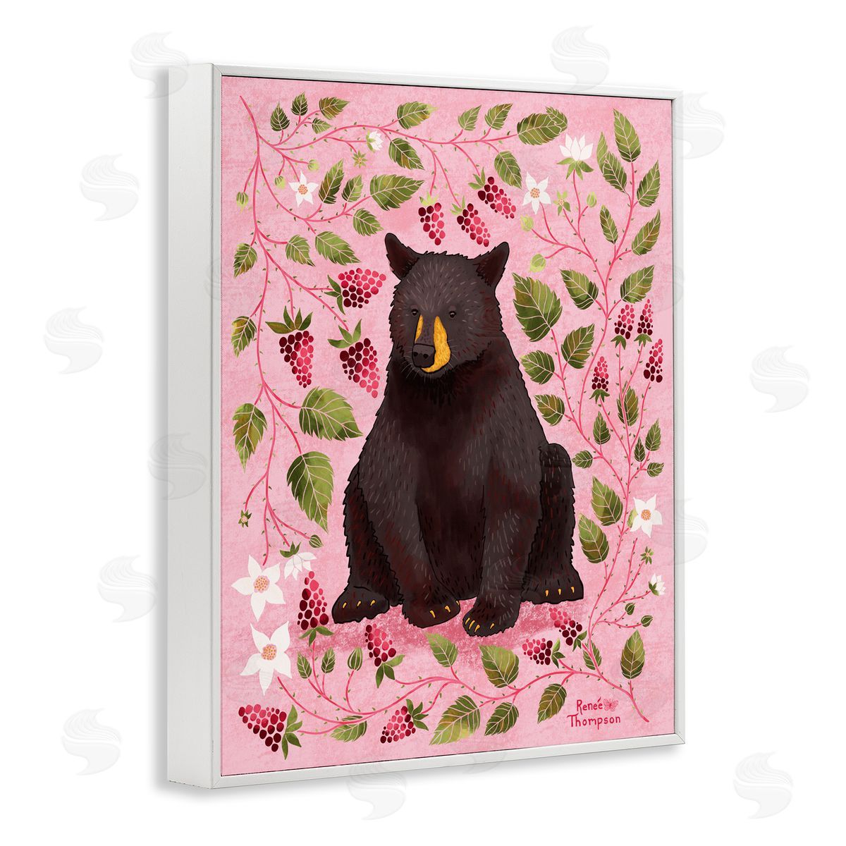 Renee Thompson Bear & Blackberry Plants White Framed Giclee Wall Art Print
