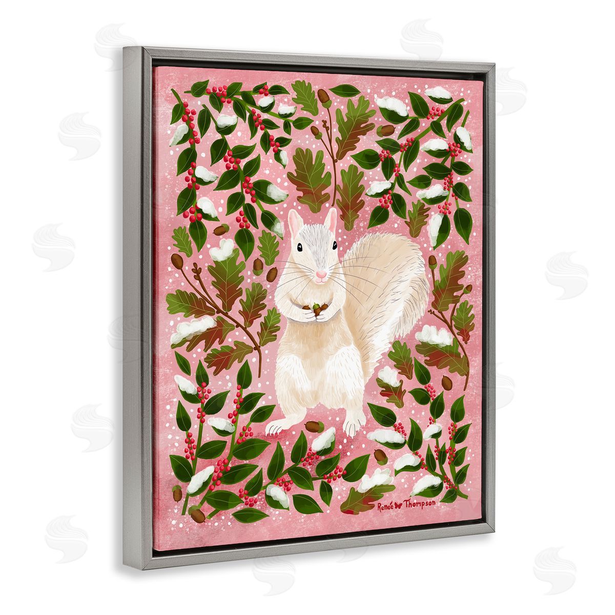 Renee Thompson Squirrel & Winter Holly Gray Floating Frame Canvas Wall Art Print