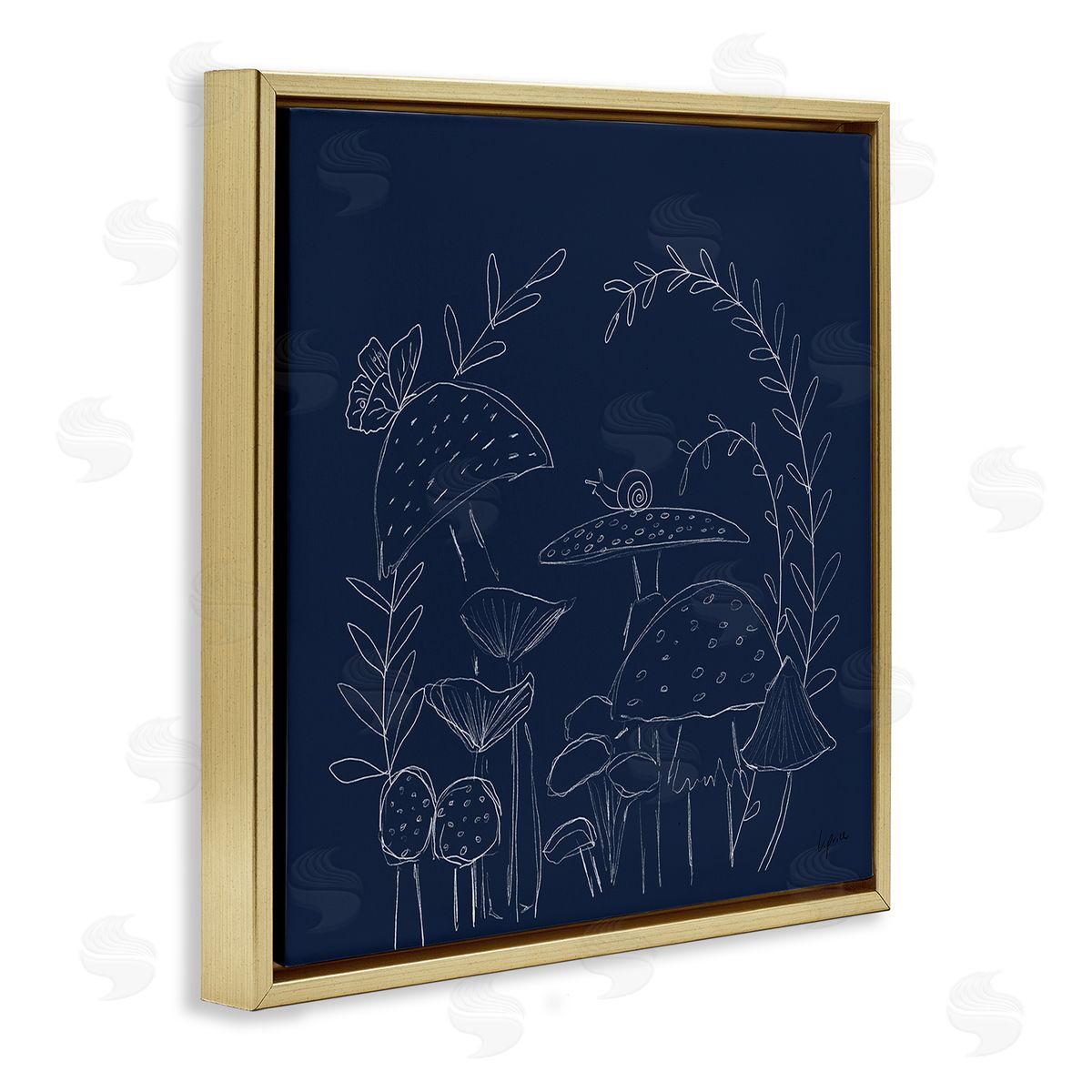 Lucille Price Mushrooms on Blue Gold Floating Frame Canvas Wall Art Print