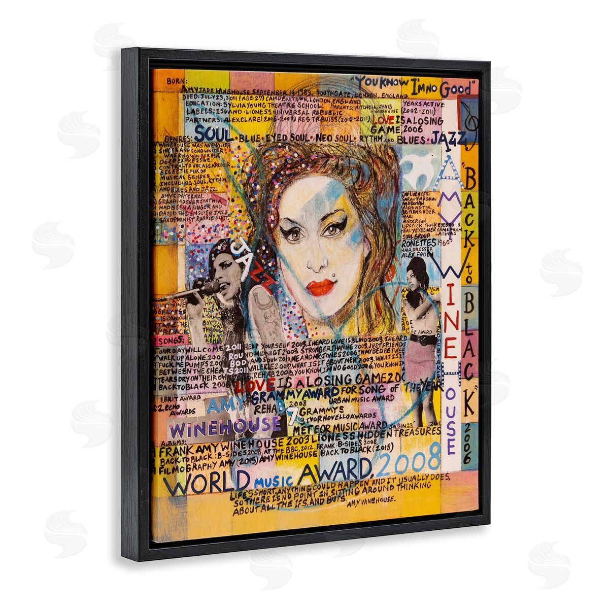 Sabin Amy Winehouse Collage Black Floating Frame Canvas Wall Art Print