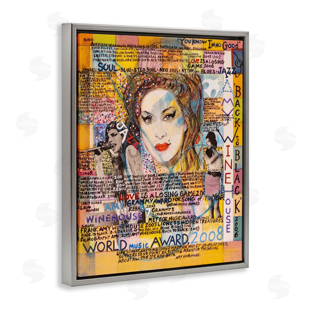 Sabin Amy Winehouse Collage Gray Floating Frame Canvas Wall Art Print