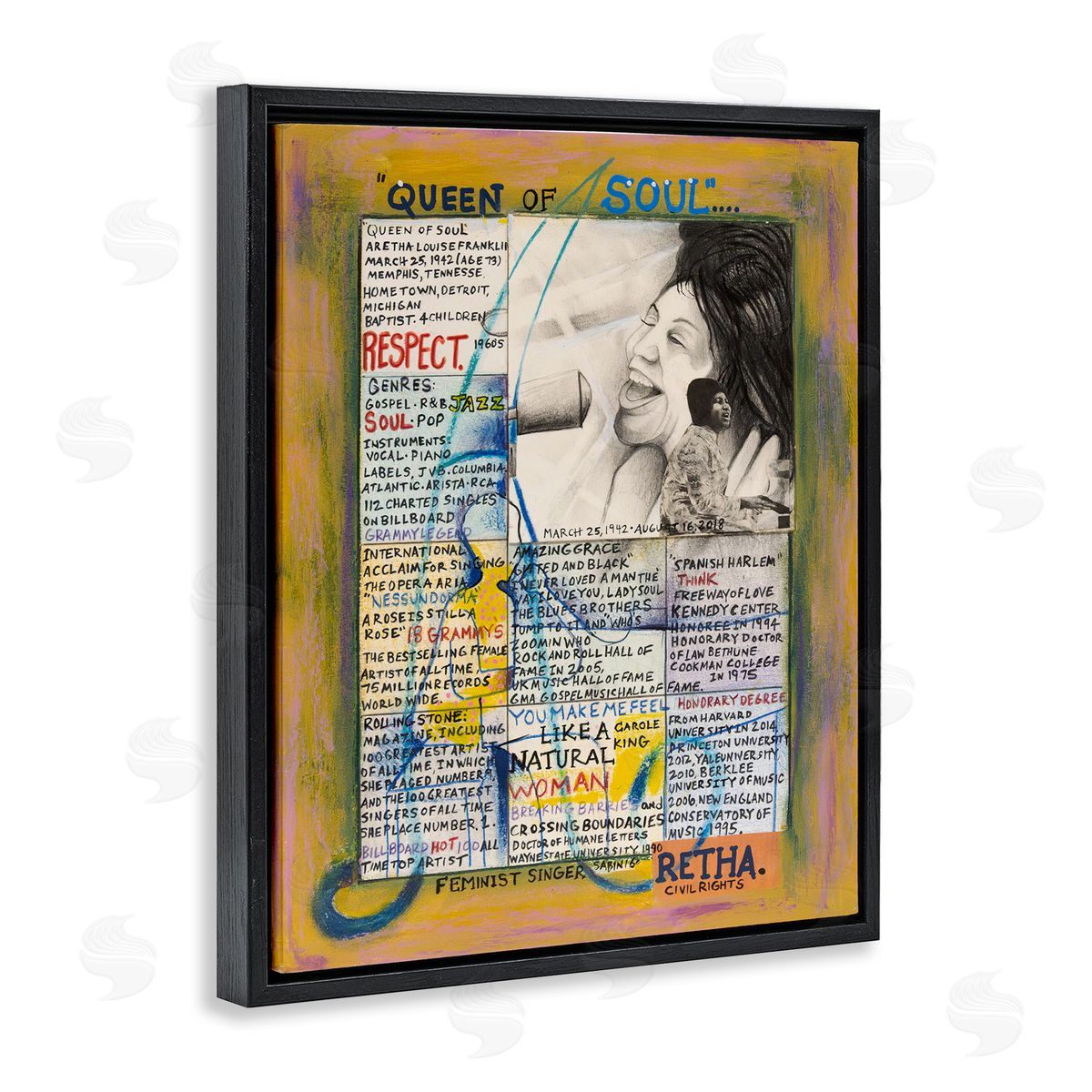 Sabin Aretha Franklin Collage Black Floating Frame Canvas Wall Art Print