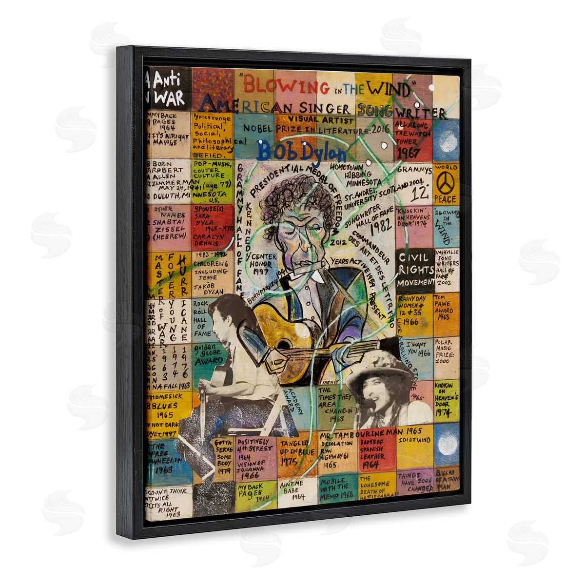 Sabin Bob Dylan Collage Black Floating Frame Canvas Wall Art Print