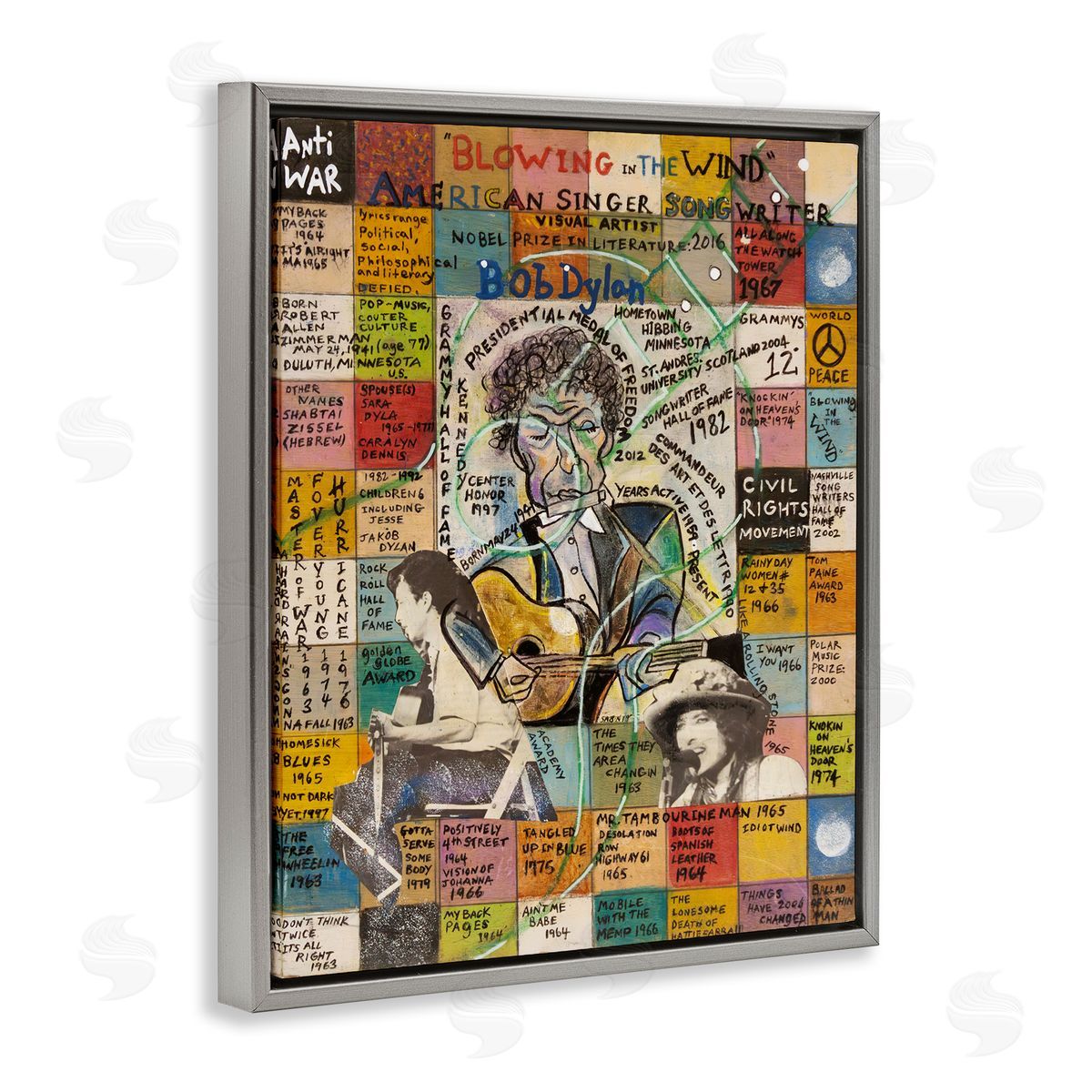 Sabin Bob Dylan Collage Gray Floating Frame Canvas Wall Art Print