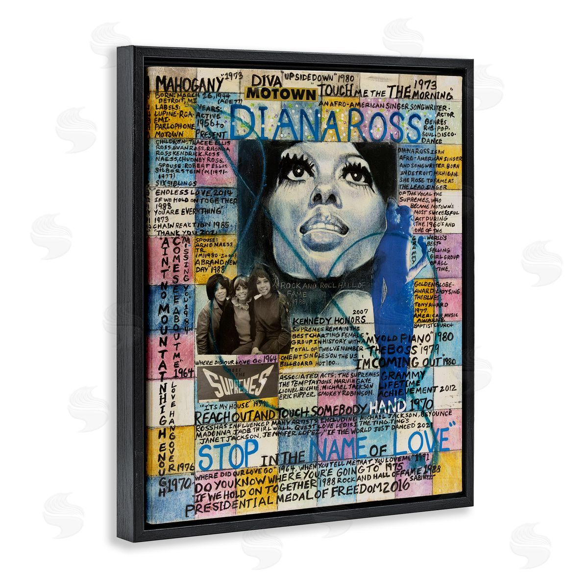 Sabin Diana Ross Collage Black Floating Frame Canvas Wall Art Print