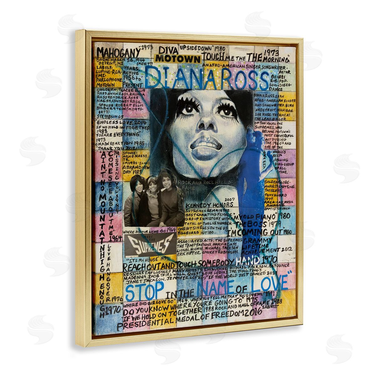 Sabin Diana Ross Collage Gold Floating Frame Canvas Wall Art Print