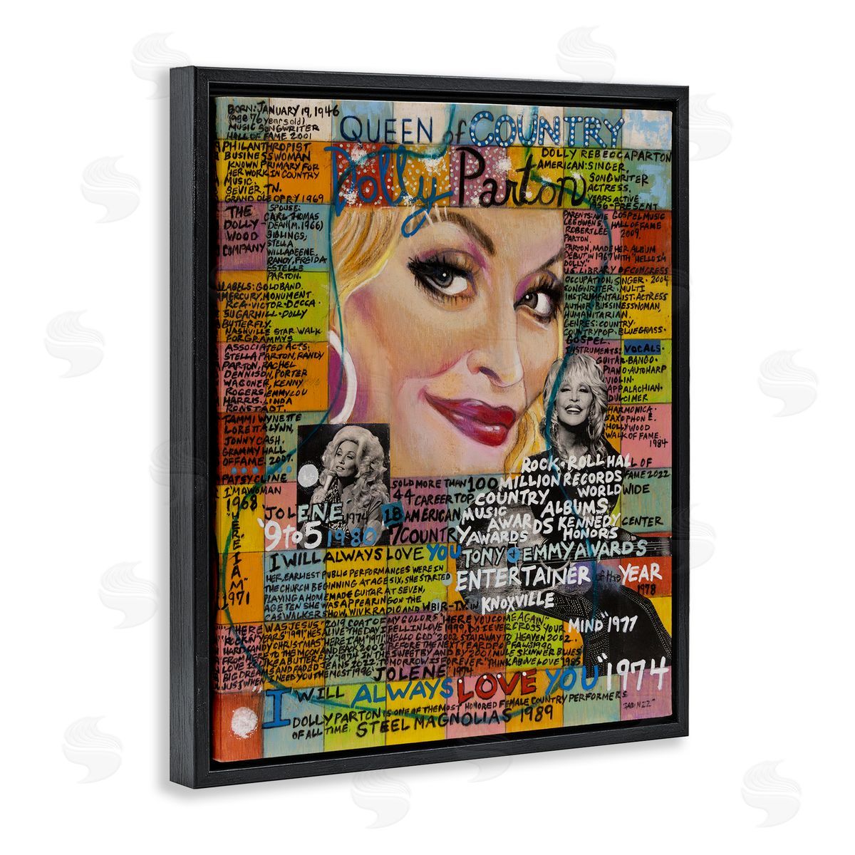 Sabin Dolly Parton Collage Black Floating Frame Canvas Wall Art Print