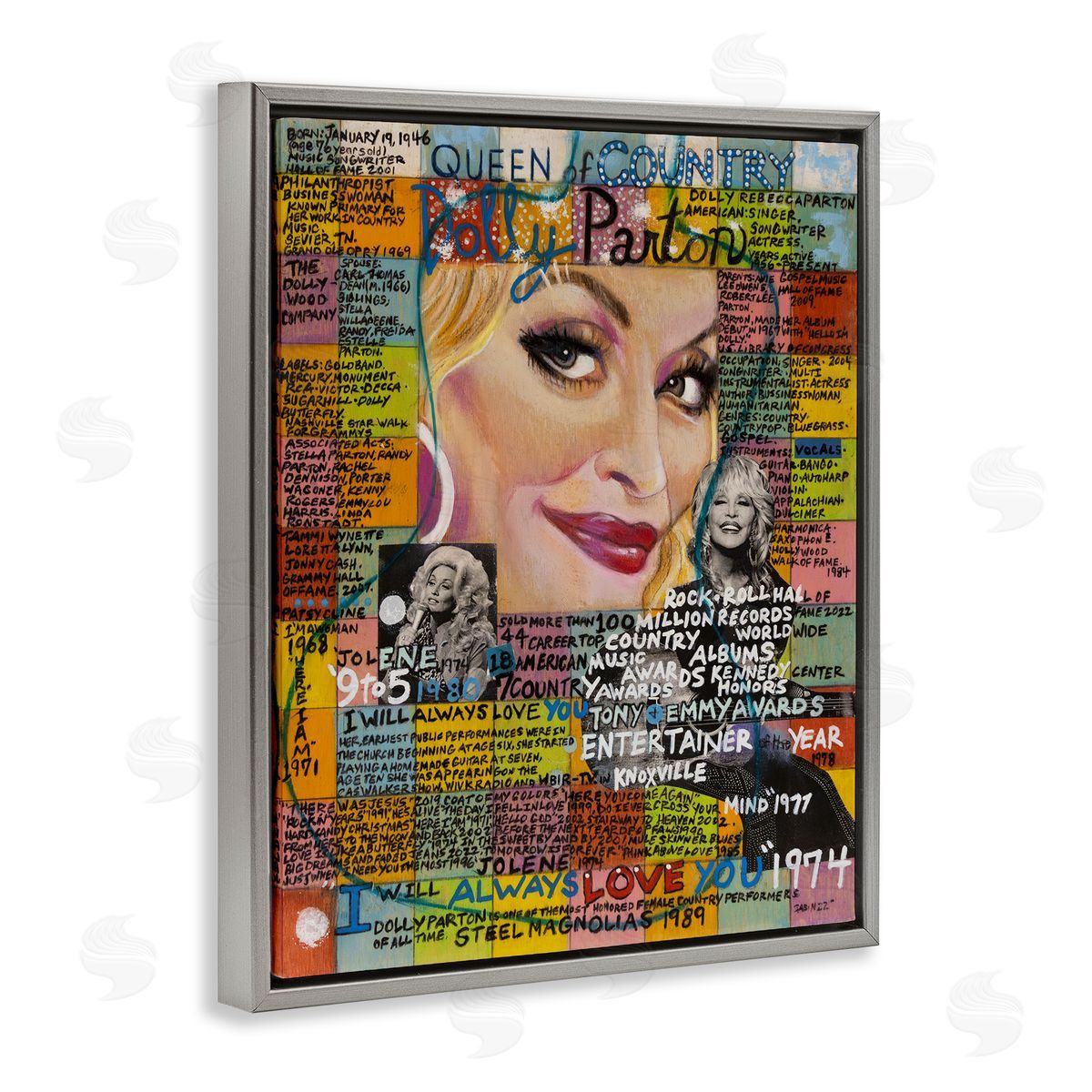 Sabin Dolly Parton Collage Gray Floating Frame Canvas Wall Art Print