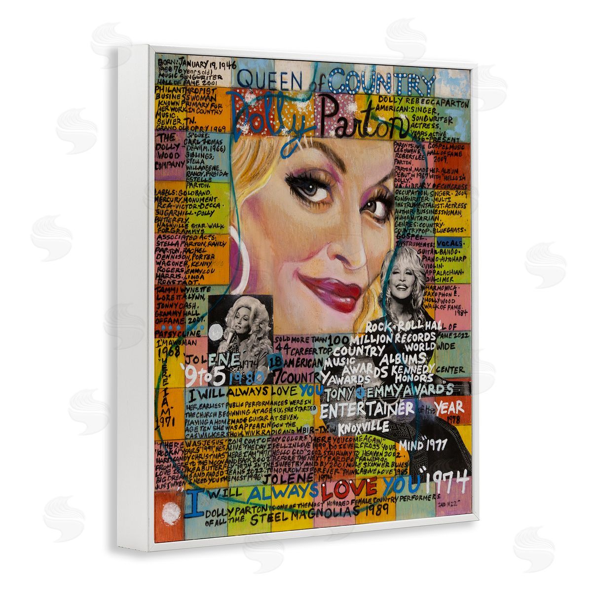 Sabin Dolly Parton Collage White Framed Giclee Wall Art Print