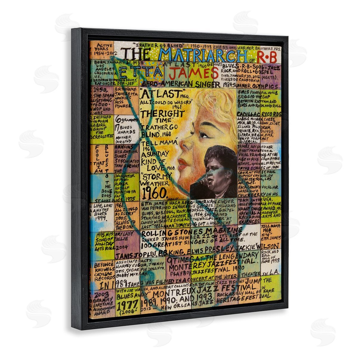 Sabin Etta James Collage Black Floating Frame Canvas Wall Art Print