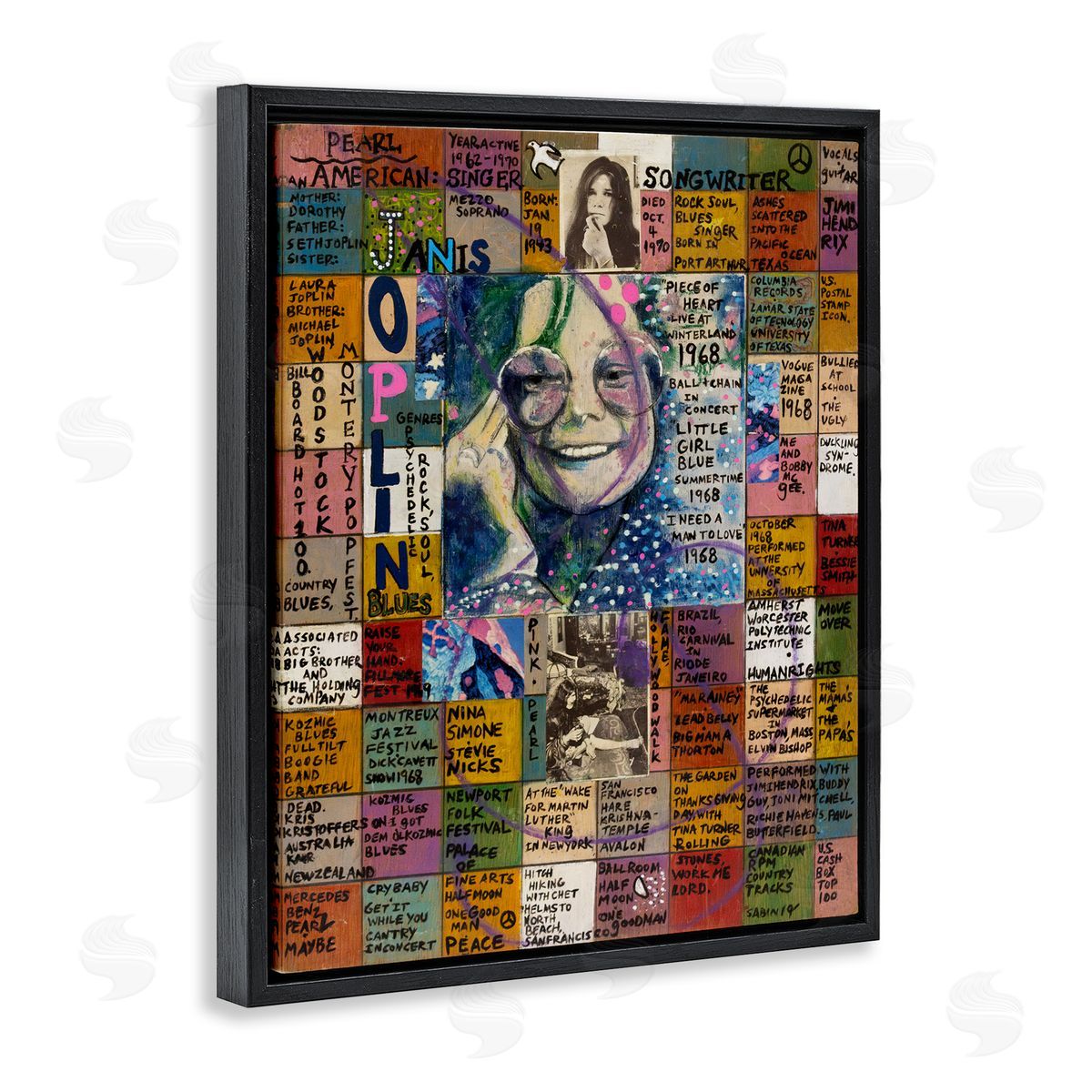 Sabin Janis Joplin Collage Black Floating Frame Canvas Wall Art Print