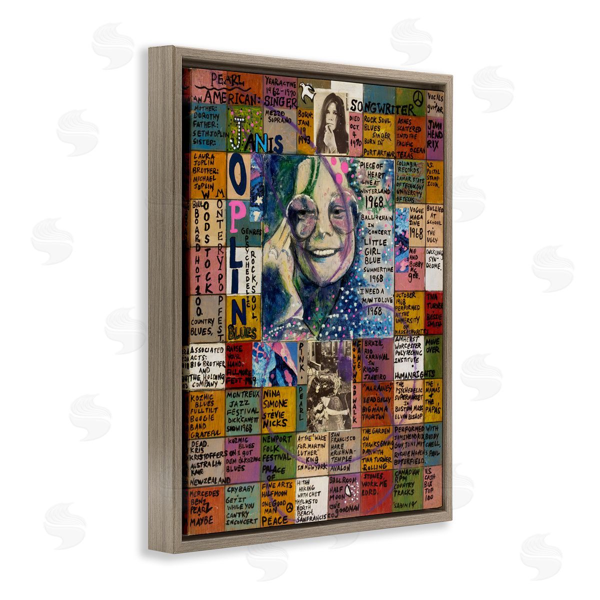 Sabin Janis Joplin Collage Brown Floating Frame Canvas Wall Art Print