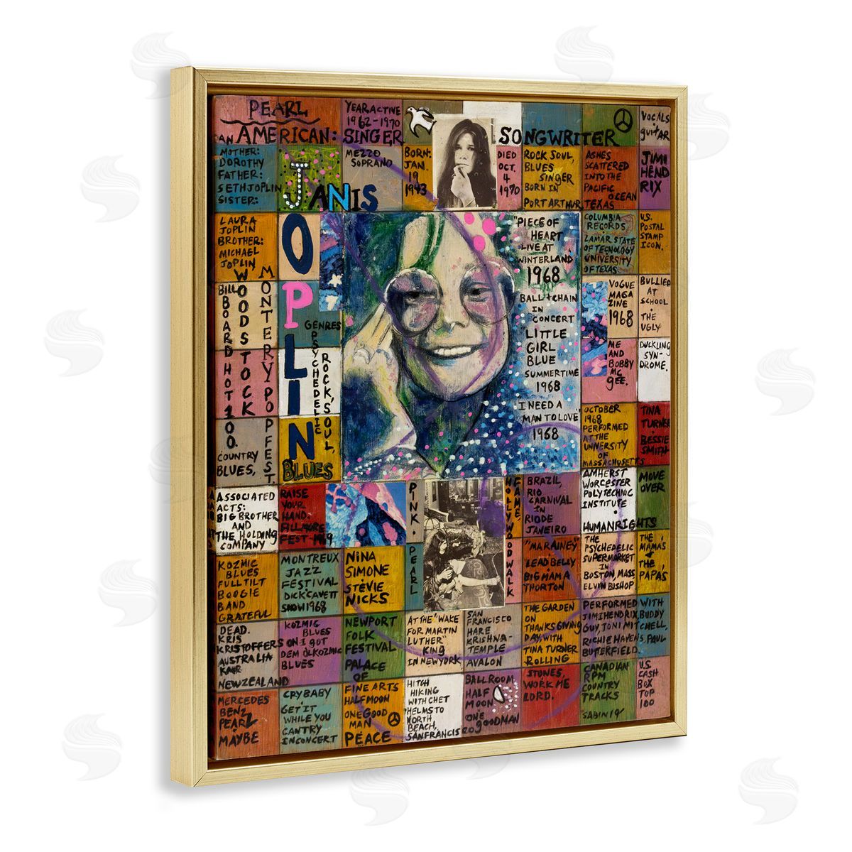 Sabin Janis Joplin Collage Gold Floating Frame Canvas Wall Art Print