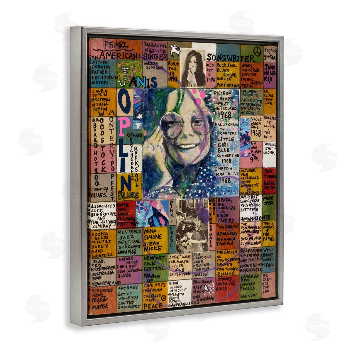 Sabin Janis Joplin Collage Gray Floating Frame Canvas Wall Art Print