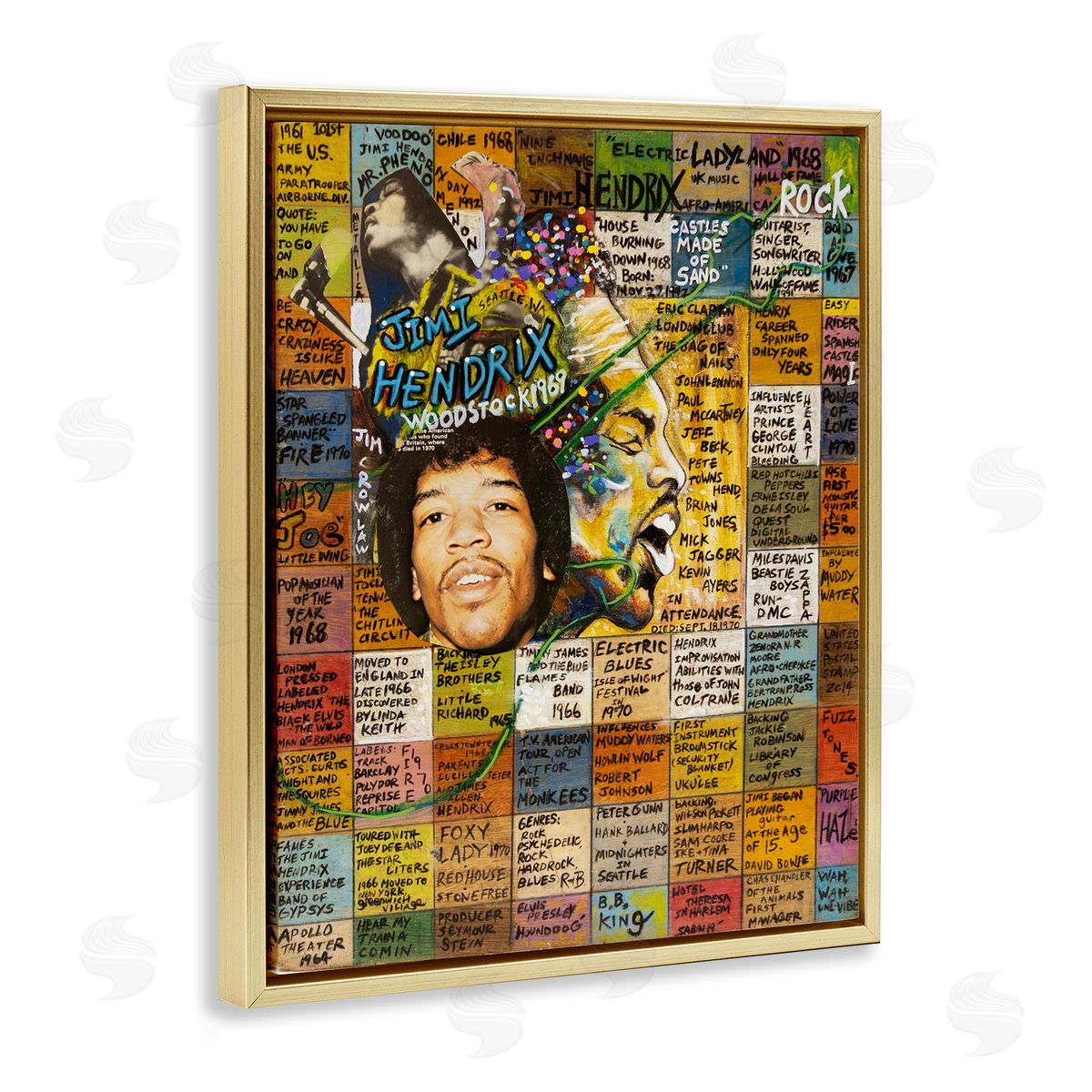 Sabin Jimi Hendrix Collage Gold Floating Frame Canvas Wall Art Print