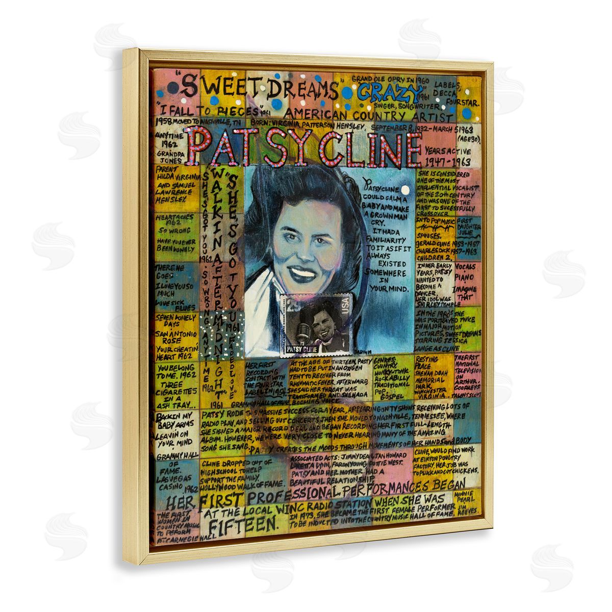 Sabin Patsy Cline Collage Gold Floating Frame Canvas Wall Art Print