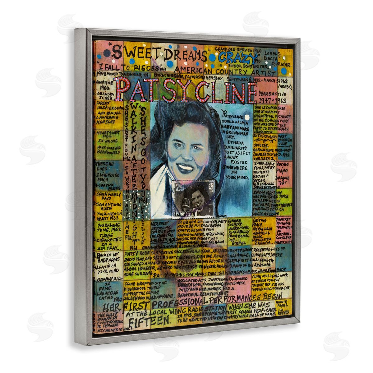 Sabin Patsy Cline Collage Gray Floating Frame Canvas Wall Art Print