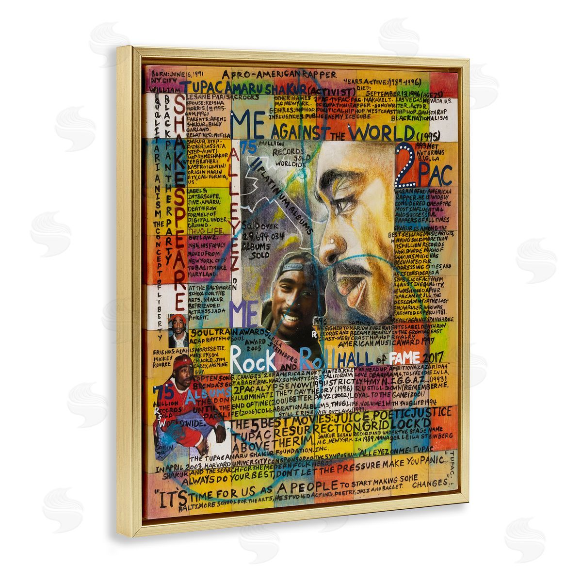Sabin Tupac Musician Collage Gold Floating Frame Canvas Wall Art Print