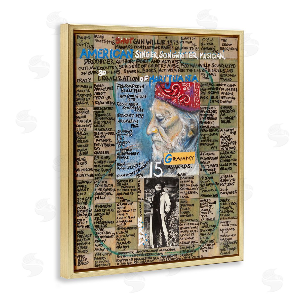 Sabin Willie Nelson Collage Gold Floating Frame Canvas Wall Art Print
