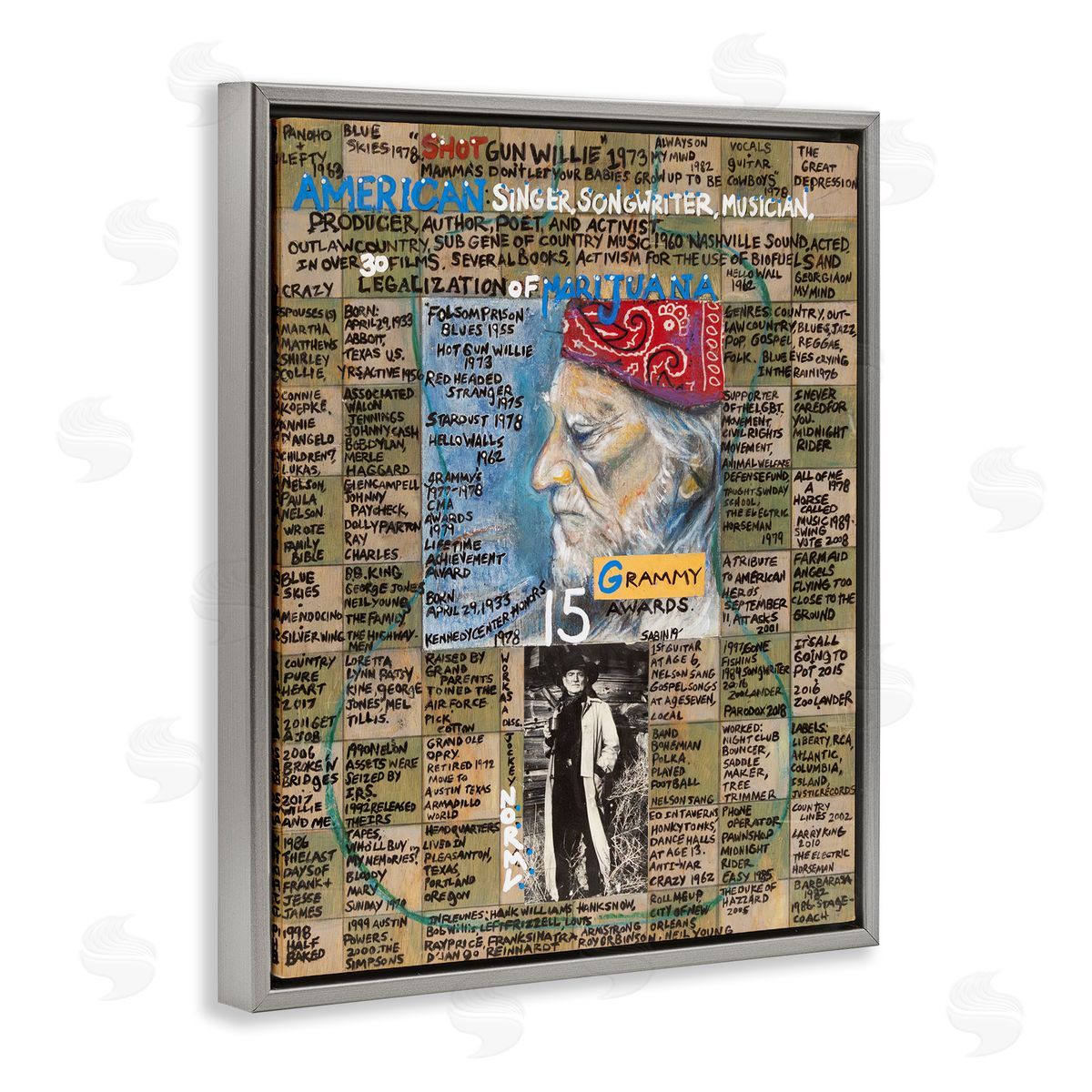 Sabin Willie Nelson Collage Gray Floating Frame Canvas Wall Art Print