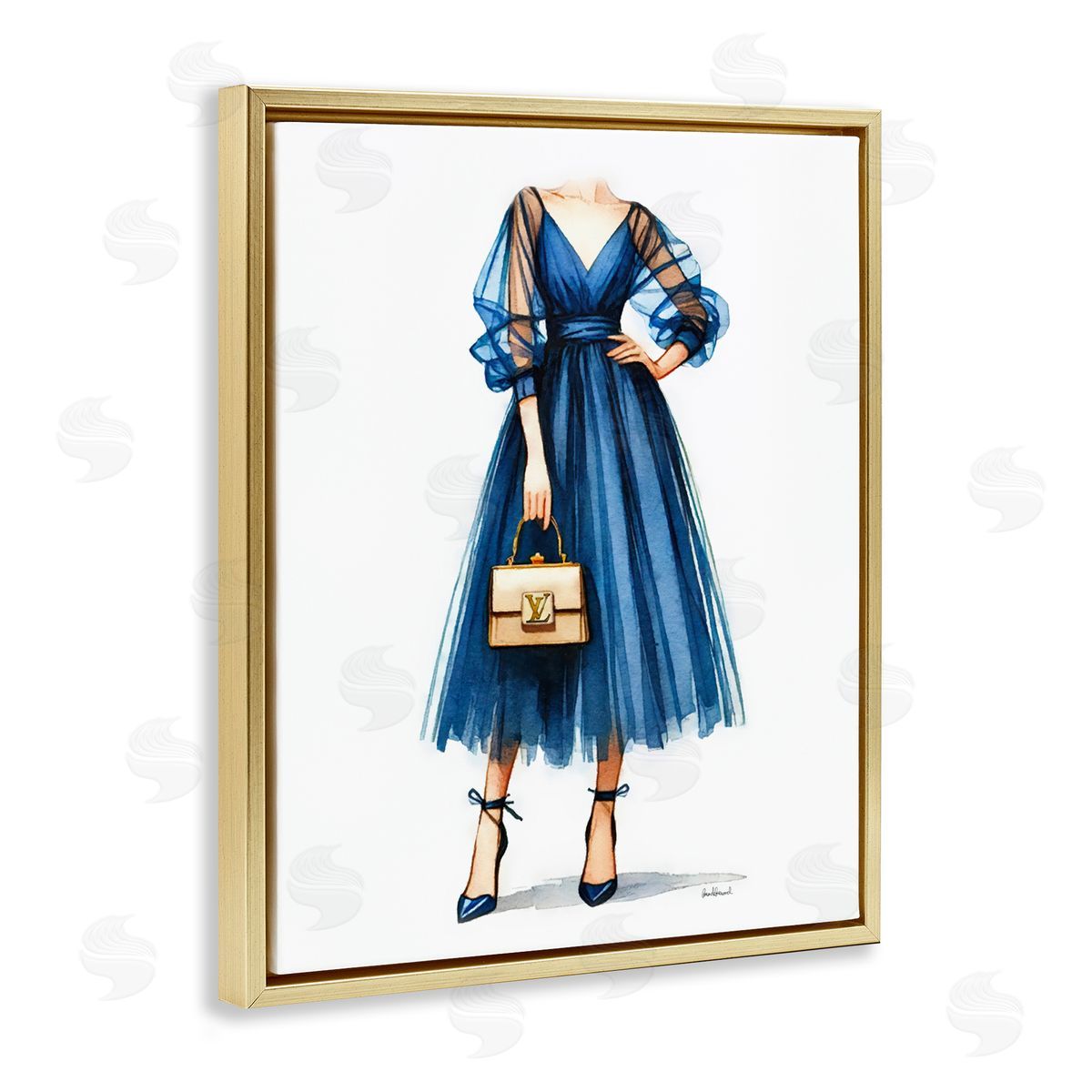 Amanda Greenwood Blue Gown Fashion Girl Gold Floating Frame Canvas Wall Art Print
