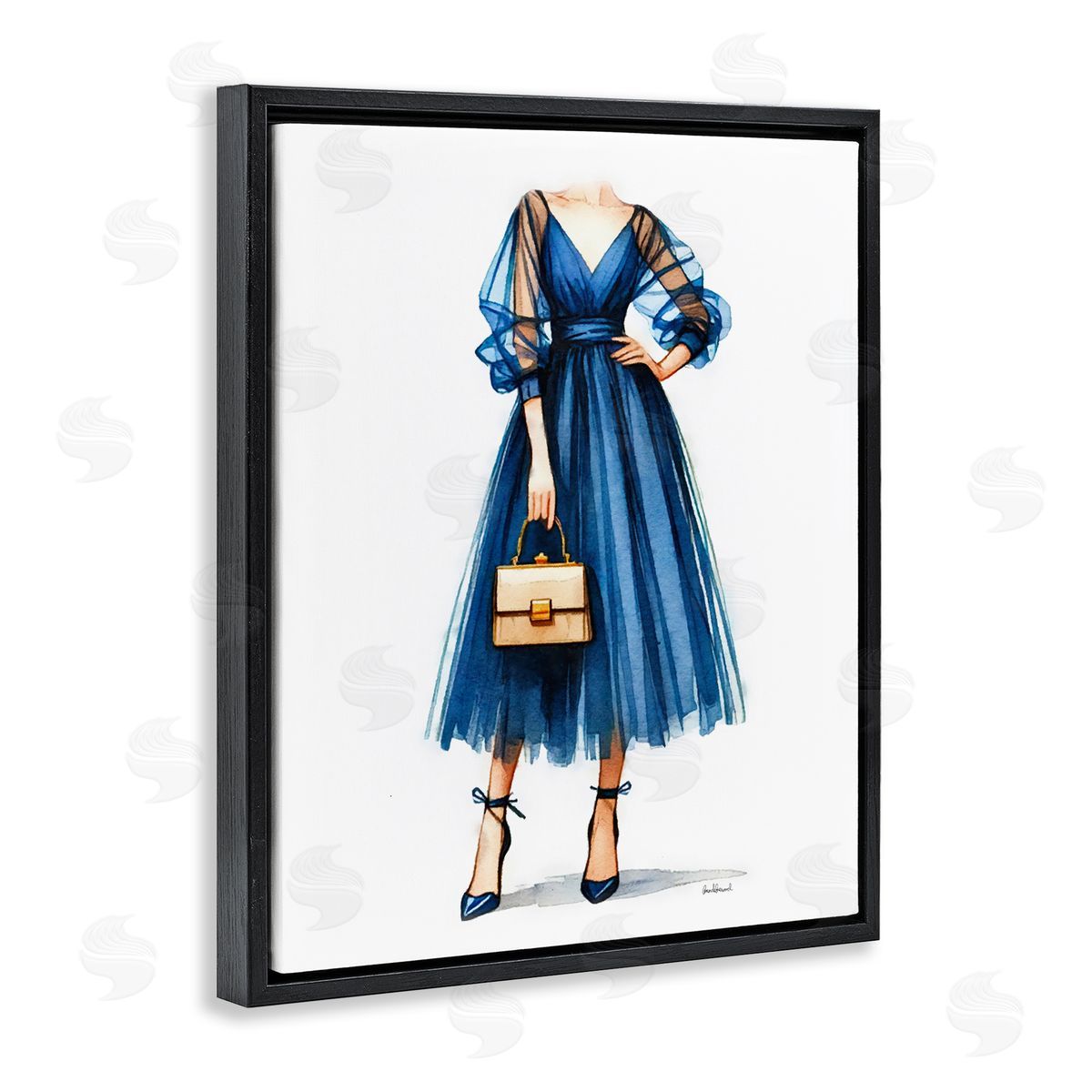 Amanda Greenwood Glam Blue Fashion Gown Black Floating Frame Canvas Wall Art Print