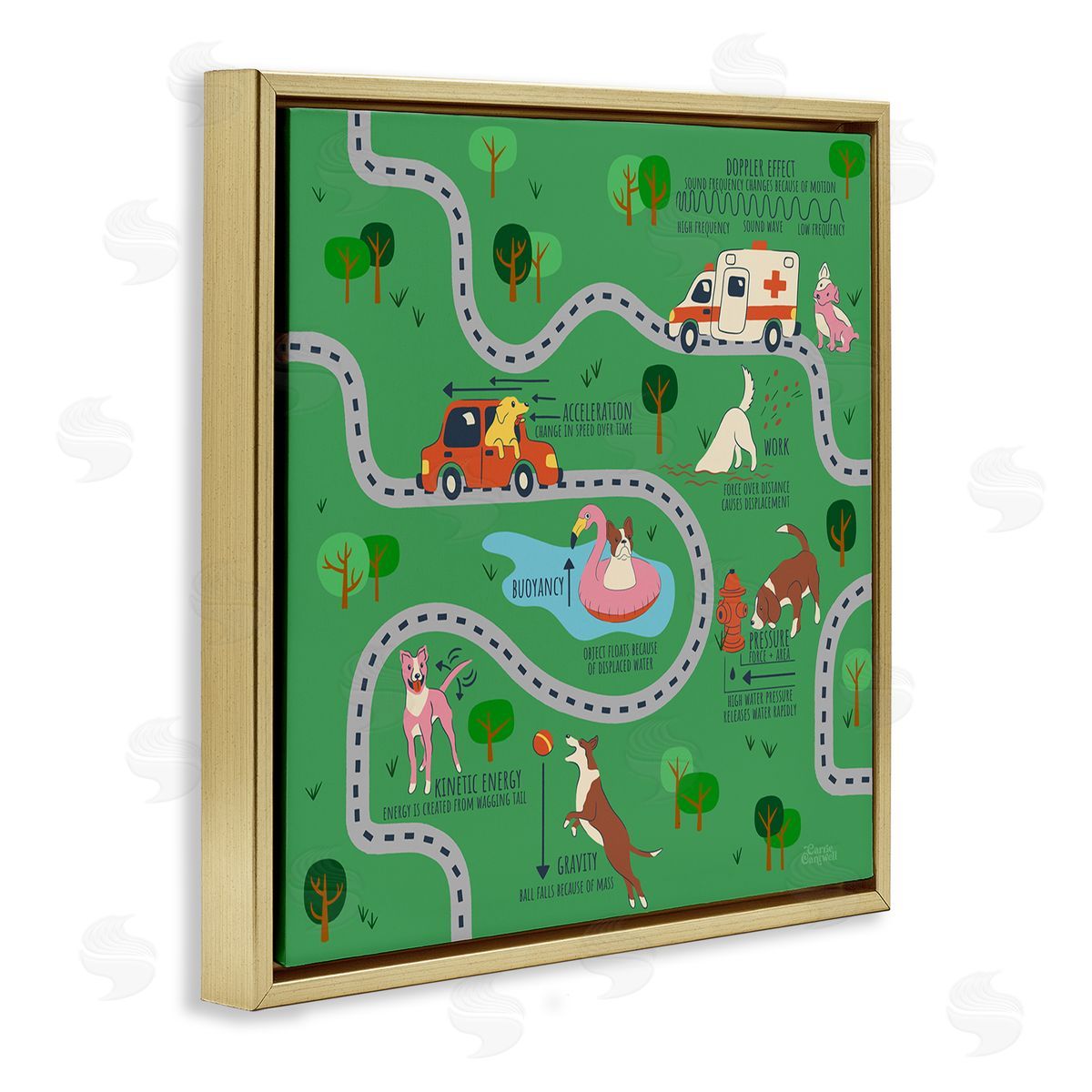 Carrie Cantwell Whimsical Dogs Map Gold Floating Frame Canvas Wall Art Print