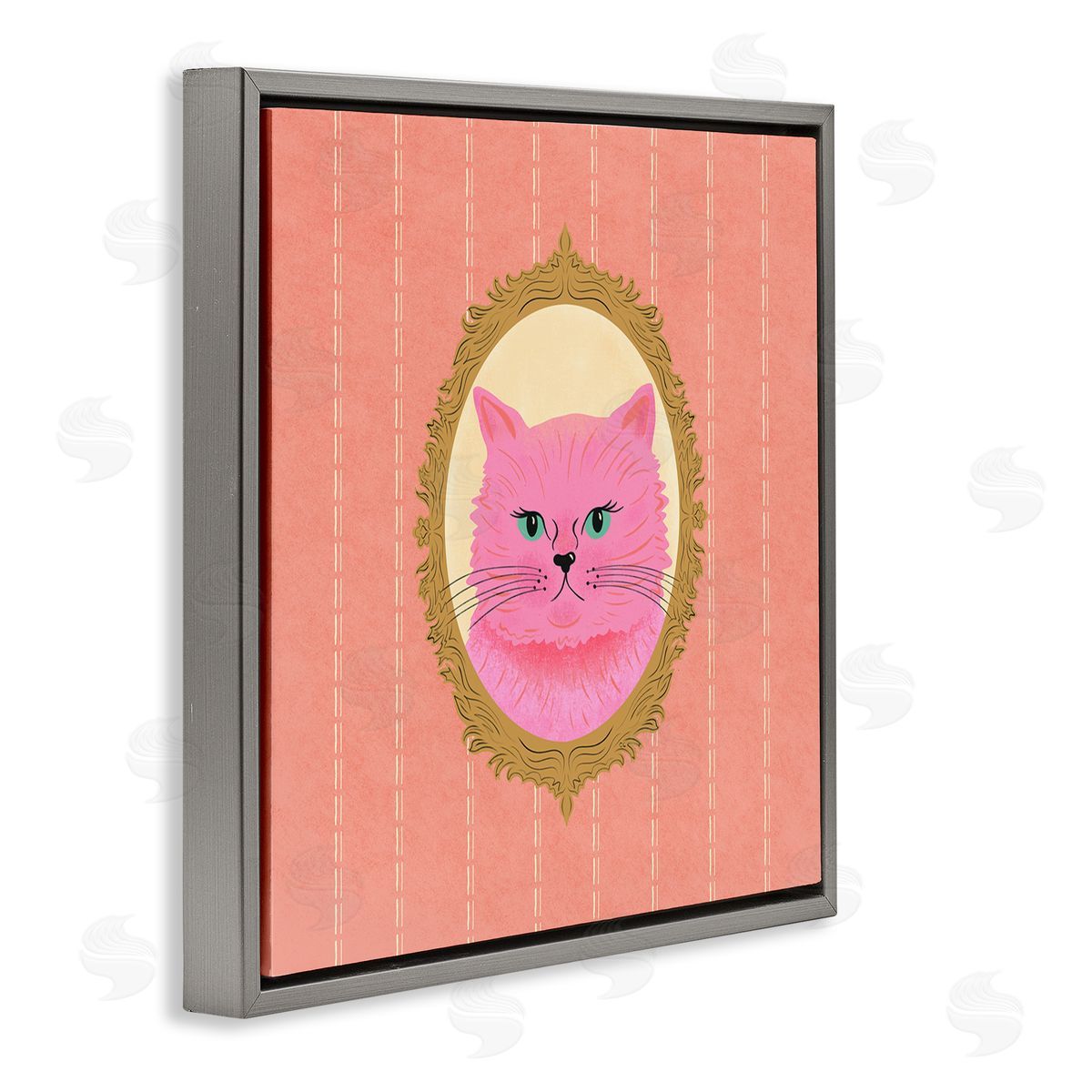 Carrie Cantwell Pink Cat Portrait Gray Floating Frame Canvas Wall Art Print