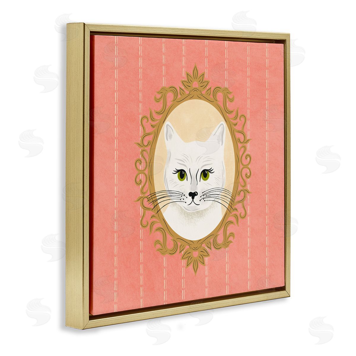 Carrie Cantwell White Cat Portrait Gold Floating Frame Canvas Wall Art Print