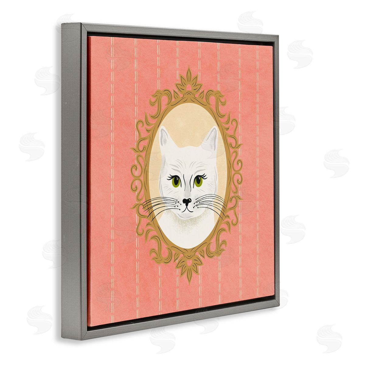 Carrie Cantwell White Cat Portrait Gray Floating Frame Canvas Wall Art Print
