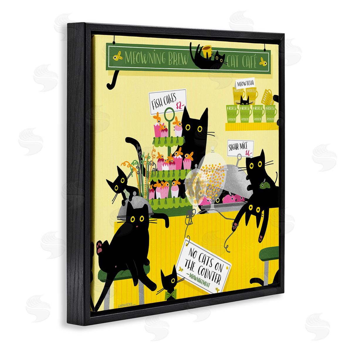 Leeza Hernandez Silly Cat Café Bakery Black Floating Frame Canvas Wall Art Print