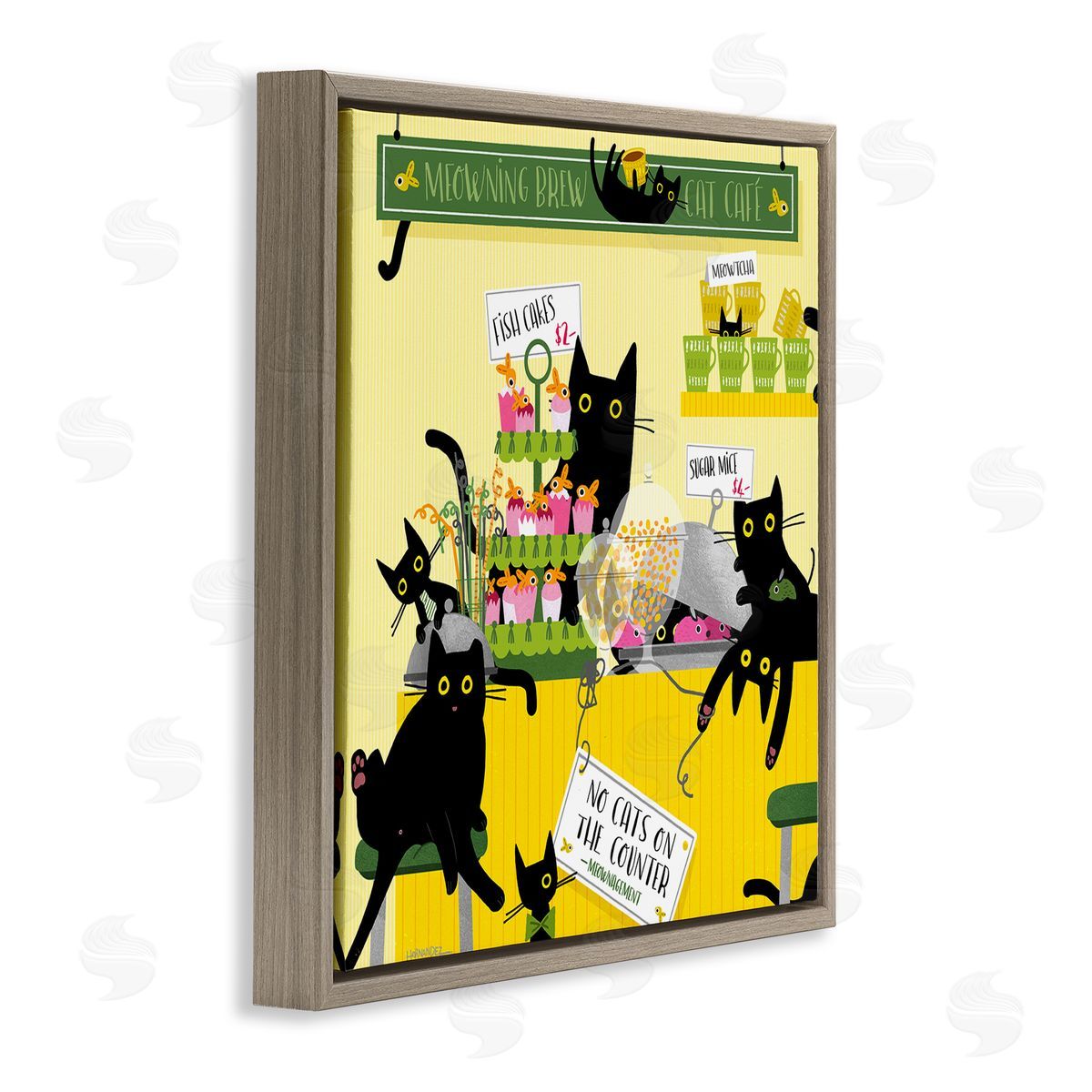 Leeza Hernandez Silly Cat Café Bakery Brown Floating Frame Canvas Wall Art Print