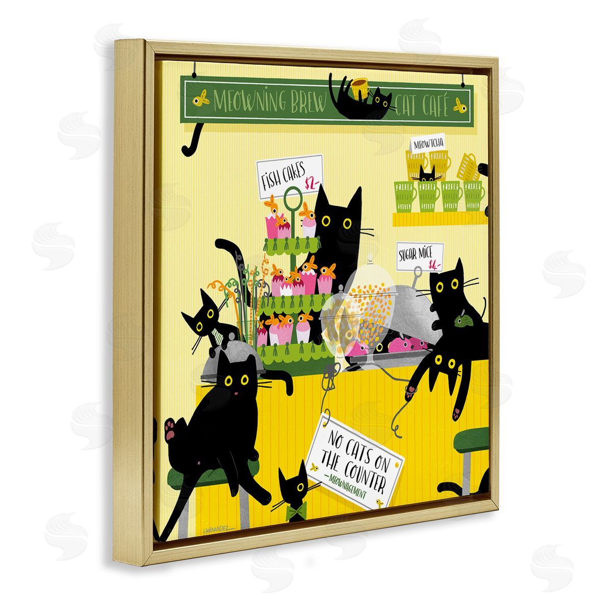 Leeza Hernandez Silly Cat Café Bakery Gold Floating Frame Canvas Wall Art Print