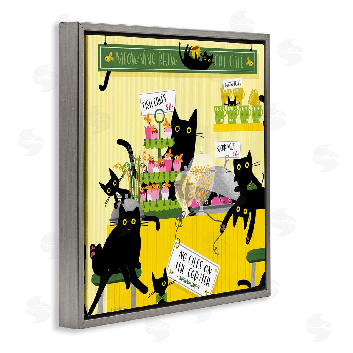 Leeza Hernandez Silly Cat Café Bakery Gray Floating Frame Canvas Wall Art Print