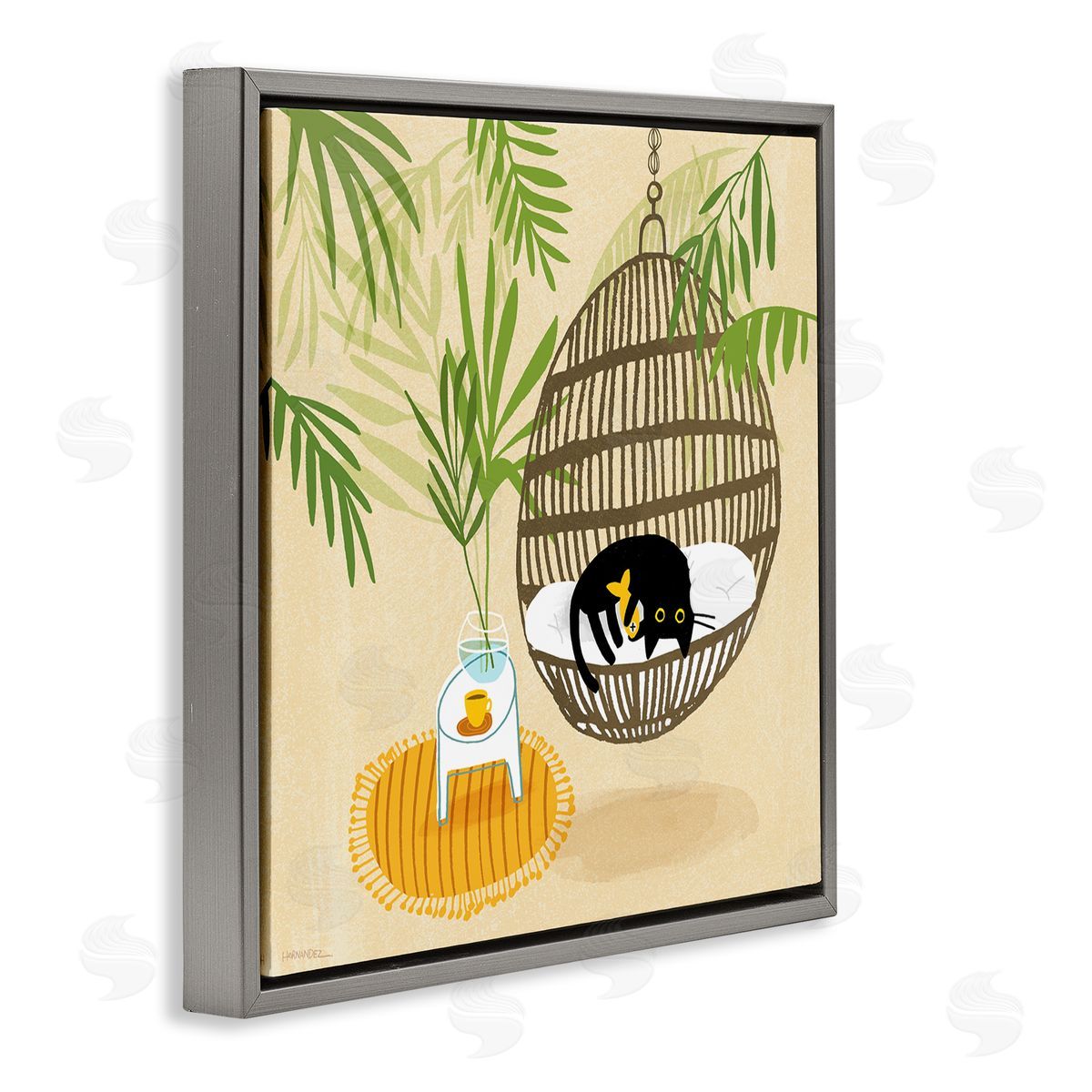 Leeza Hernandez Sleepy Cats on Porch Swing Gray Floating Frame Canvas Wall Art Print