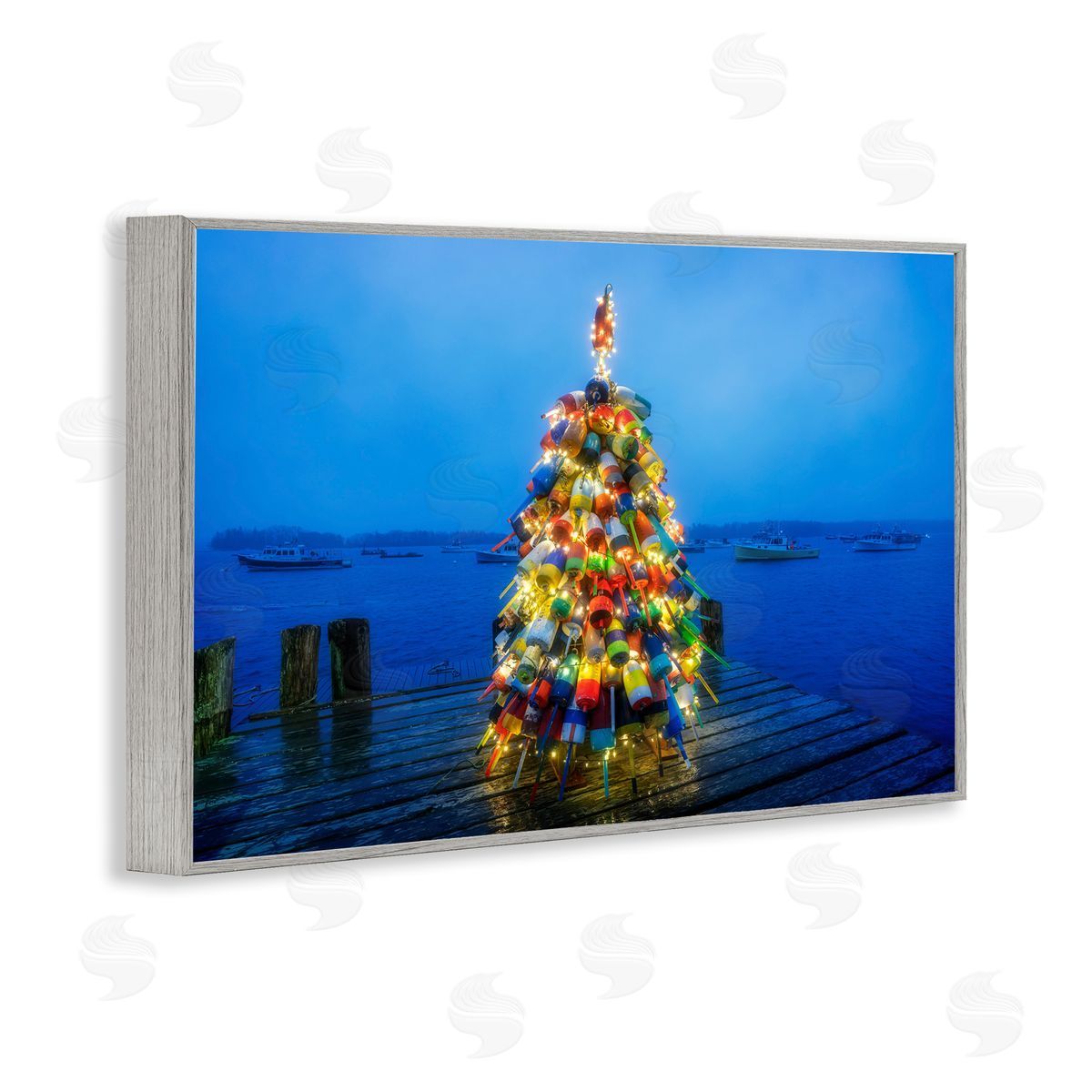 Lit Bouys Christmas Tree Grey Frame Print Wall Art, Home Decor by Rick Berk