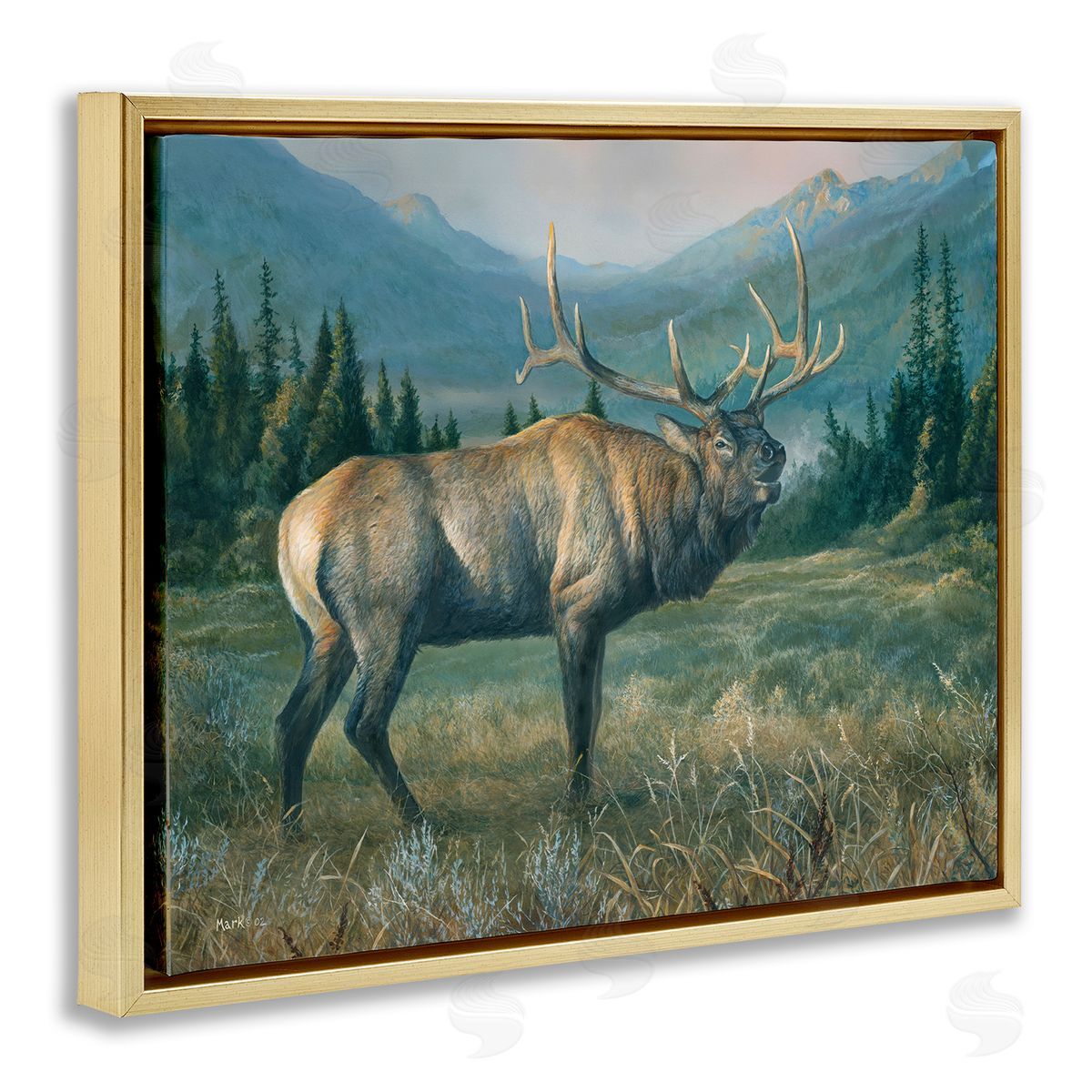 Laura Mark-Finberg Powerful Elk in Field Gold Floating Frame Canvas Wall Art Print