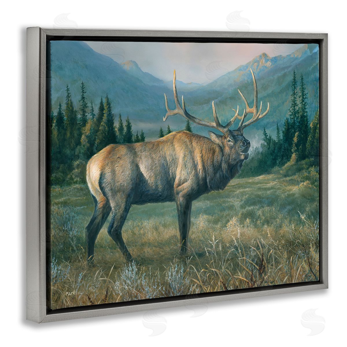 Laura Mark-Finberg Powerful Elk in Field Gray Floating Frame Canvas Wall Art Print