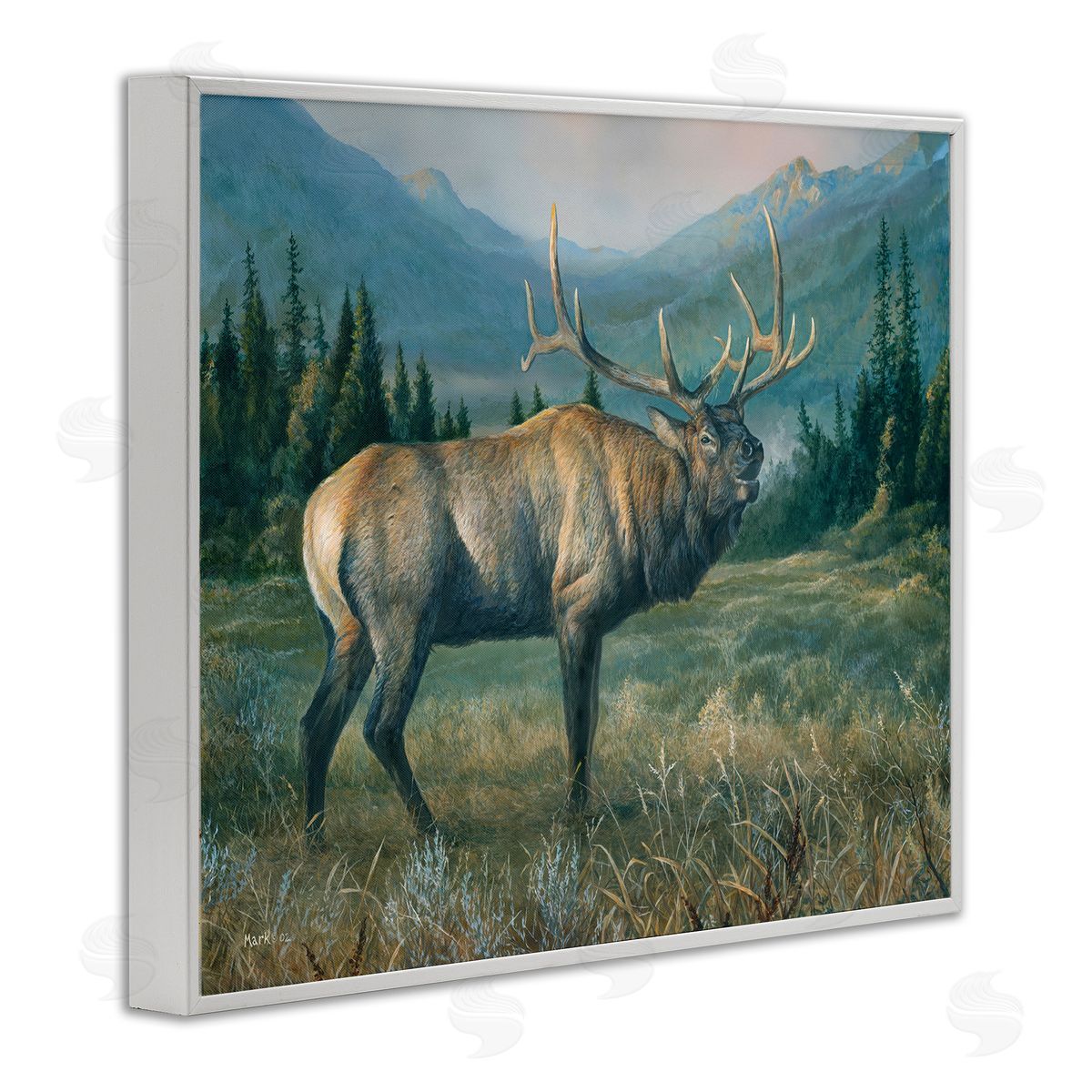 Laura Mark-Finberg Powerful Elk in Field White Framed Giclee Wall Art Print