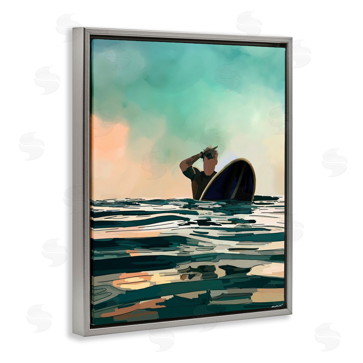 Amelia Noyes Surfer with Ocean Reflection Gray Floating Frame Canvas Wall Art Print