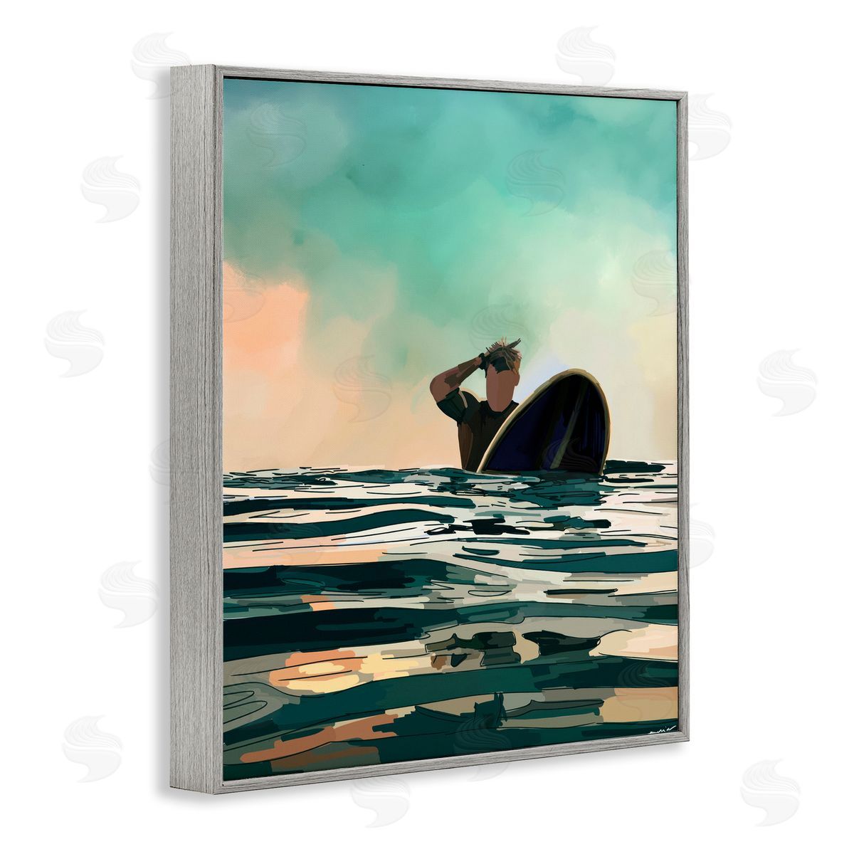 Amelia Noyes Surfer with Ocean Reflection Gray Framed Giclee Wall Art Print