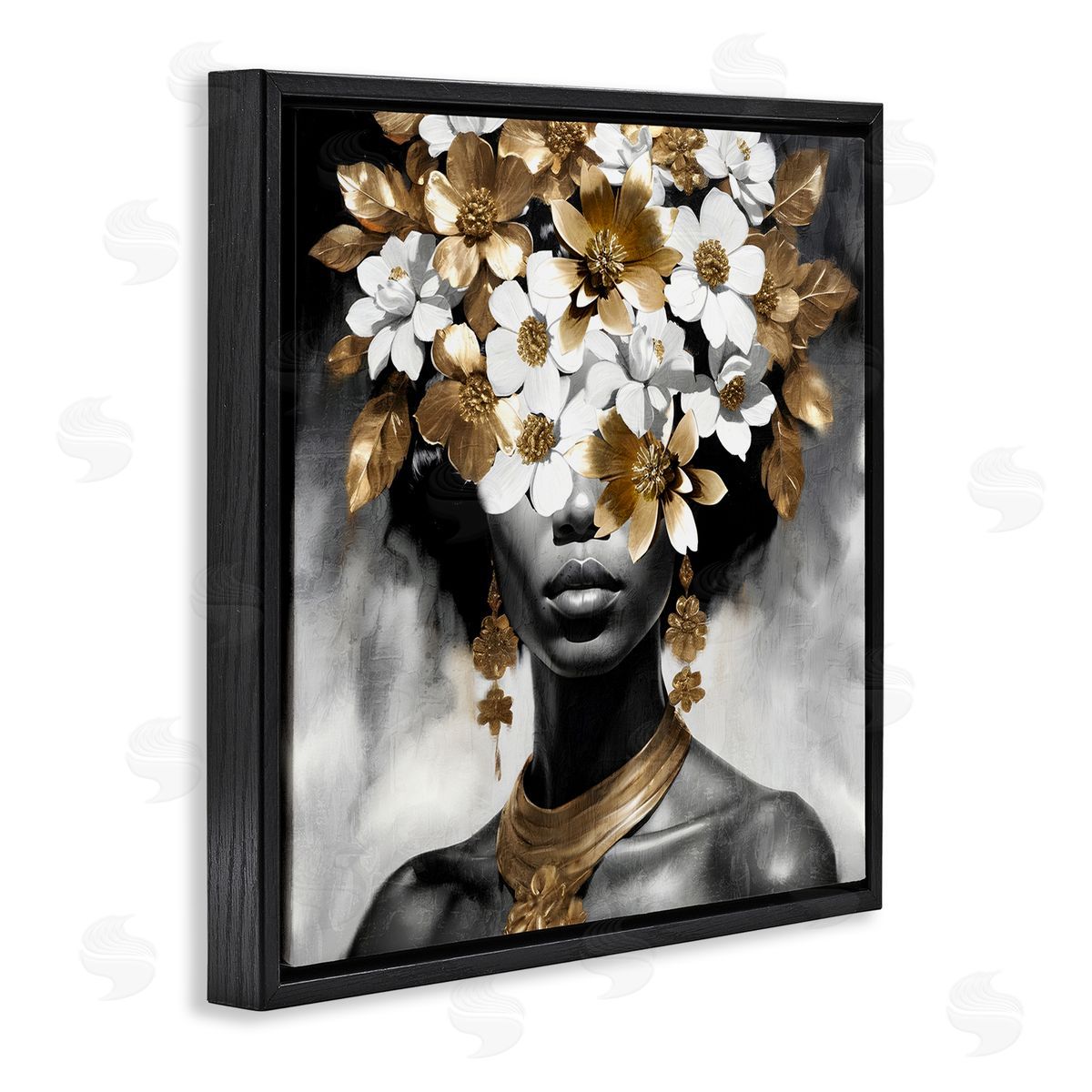 Kim Allen Woman & Gold Flowers Black Floating Frame Canvas Wall Art Print