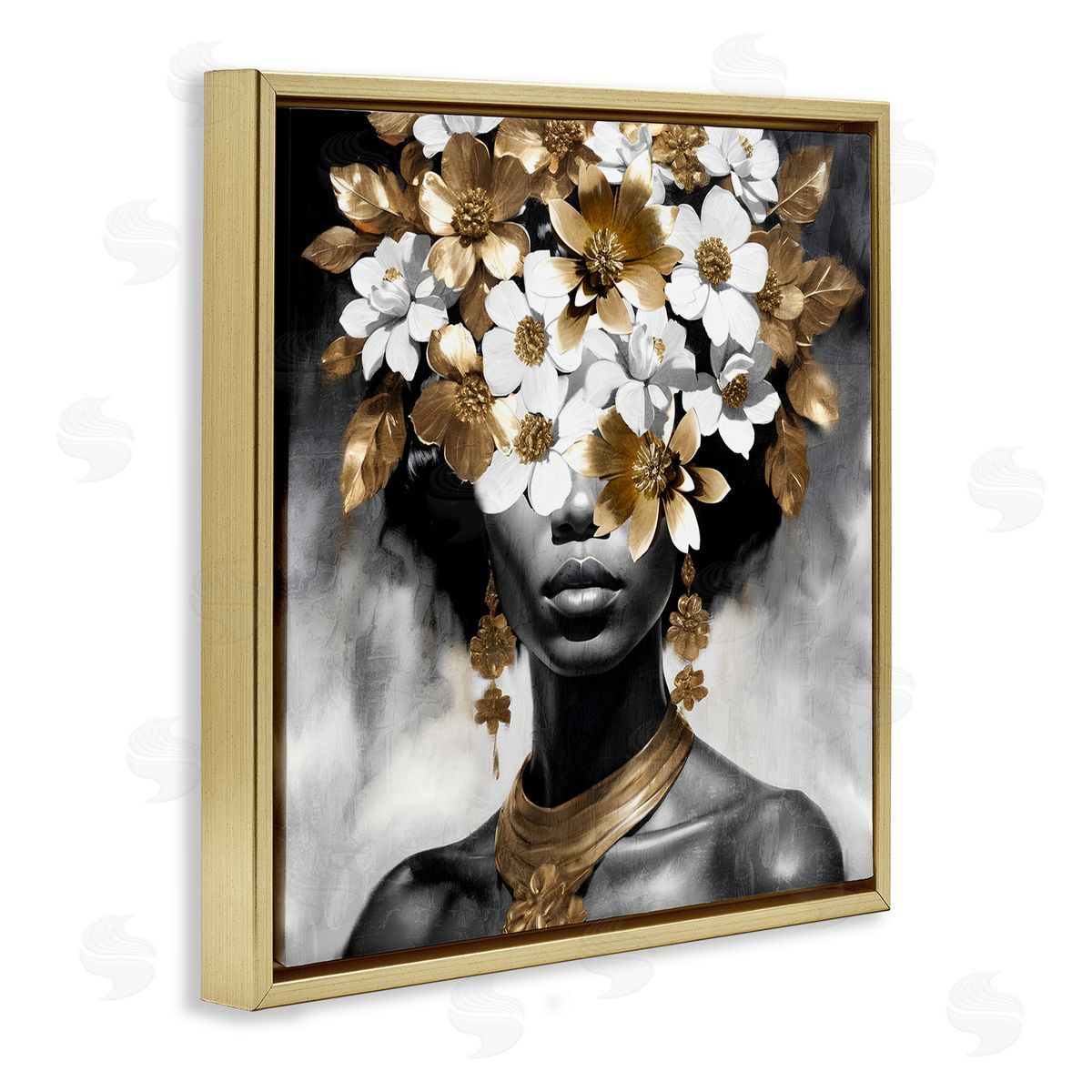 Kim Allen Woman & Gold Flowers Gold Floating Frame Canvas Wall Art Print