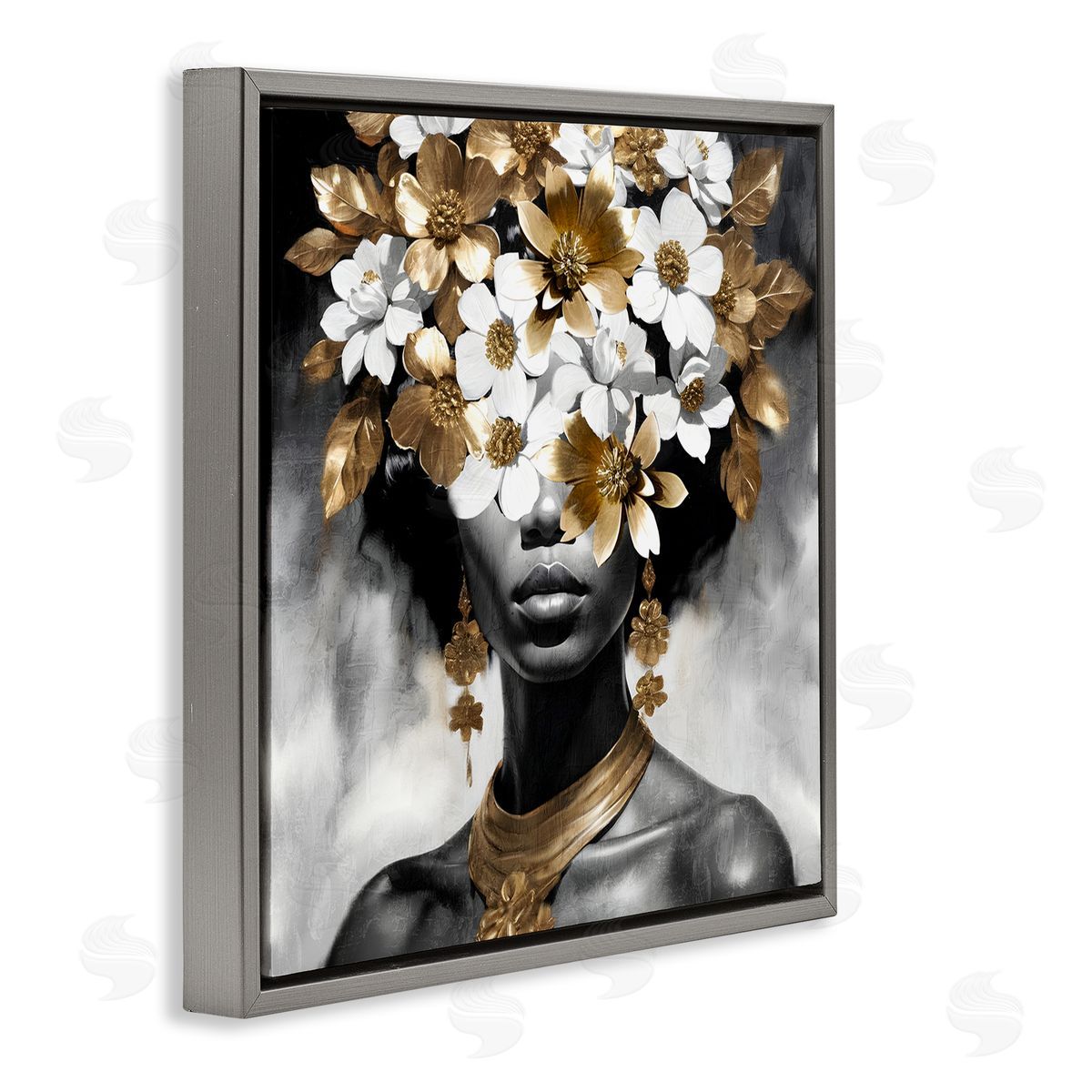 Kim Allen Woman & Gold Flowers Gray Floating Frame Canvas Wall Art Print