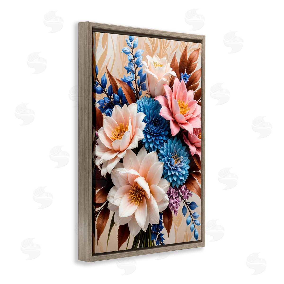 Yuri Khrushch Pink & Blue Mixed Bouquet Brown Floating Frame Canvas Wall Art Print