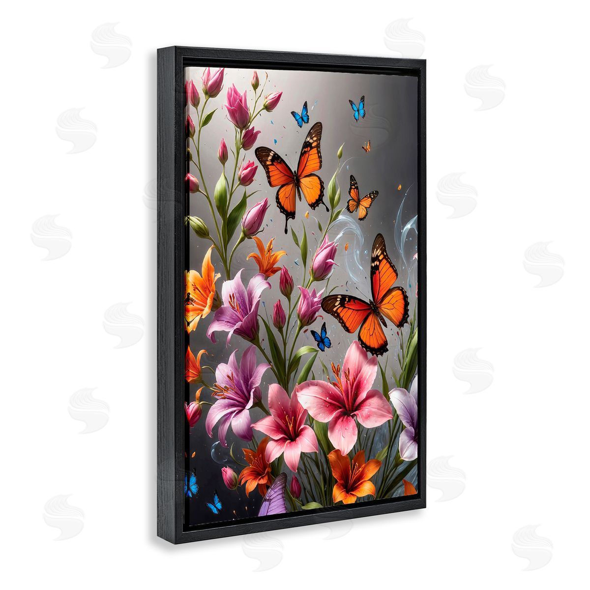 Yuri Khrushch Monarch Butterflies & Lilies Black Floating Frame Canvas Wall Art Print